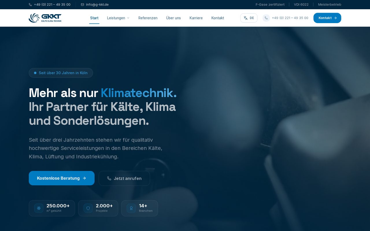 Live-Website Gesellschaft für Kälte Klima Technik mbH — B2B-Hero für Kälte- und Klimatechnik mit Leistungs-CTA