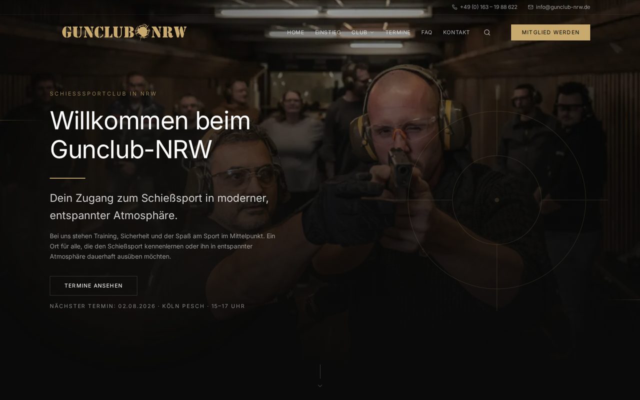 Live-Website Gunclub-NRW — Hero mit Schießsport-Atmosphäre und klarer Navigation